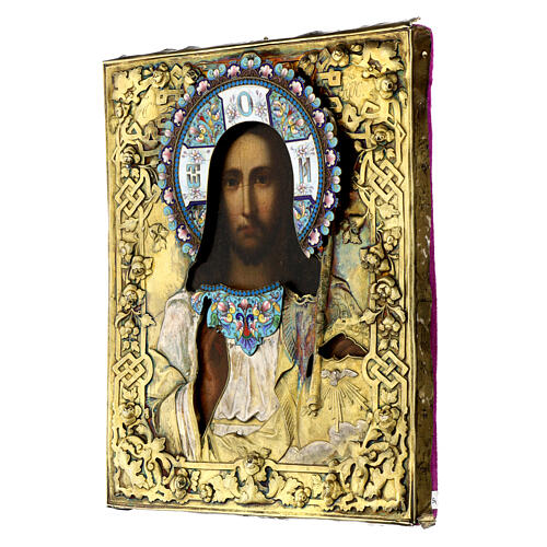 Ícone antigo com riza russa Pantocrator prata esmaltes séc. XIX 27x22,5 cm 5