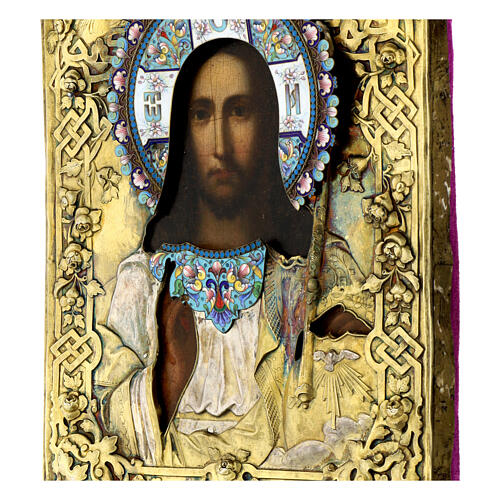 Ícone antigo com riza russa Pantocrator prata esmaltes séc. XIX 27x22,5 cm 6