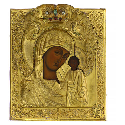 Icono ruso antiguo Virgen de Kazan bronce dorado siglo XIX 33x28,5 cm 1