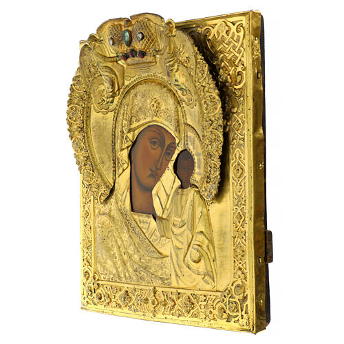 Icono ruso antiguo Virgen de Kazan bronce dorado siglo XIX 33x28,5 cm 3