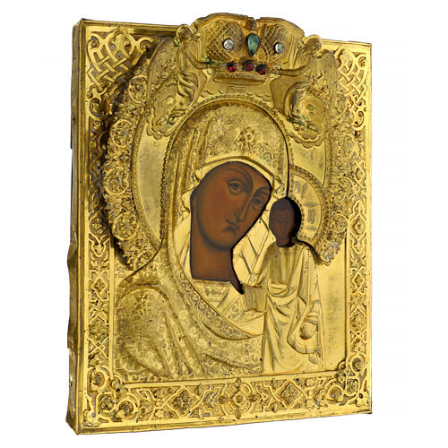 Icono ruso antiguo Virgen de Kazan bronce dorado siglo XIX 33x28,5 cm 6