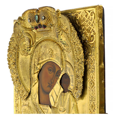 Icona russa antica Madonna di Kazan bronzo dorato XIX secolo 33x28,5 cm 7