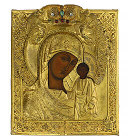 Ícone russo antigo Mãe de Deus de Cazã bronze dourado séc. XIX 33x28,5 cm