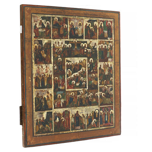Alte russische Ikone „Die Sechzehn Großen Feste und der Passionszyklus“, 19 Jh, 31 × 36 cm 3