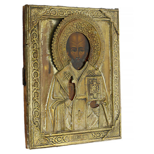 Icona russa antica San Nicola bronzo XIX sec 26,5x22 cm 3