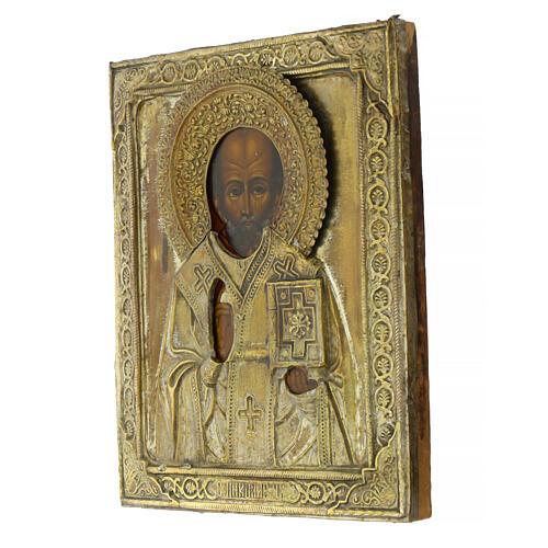 Icona russa antica San Nicola bronzo XIX sec 26,5x22 cm 5