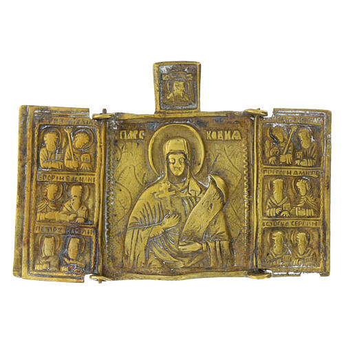 Icona pieghevole antica bronzo Russia Santa Parascheva santi XIX secolo 7x10 cm 1