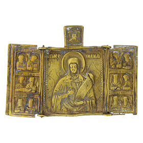 Ícone antigo de bronze dobrável Rússia Santa Parasqueva e santos séc. XIX 7x10 cm