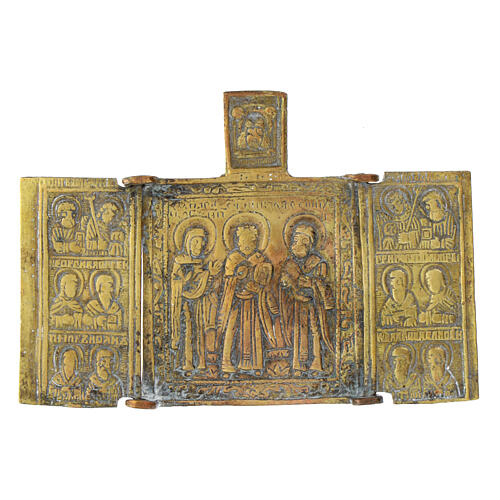 Icono antiguo de viaje San Nicolás y Santos Rusia siglo XVIII 5x6 cm 1