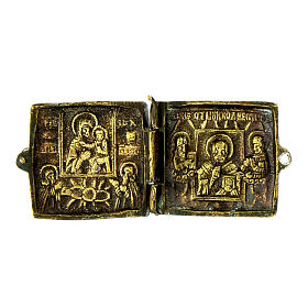 Ancient foldable travel icon, Virgin Hodegetria and St Nicholas, 19th century, 2.8x1.2 in
