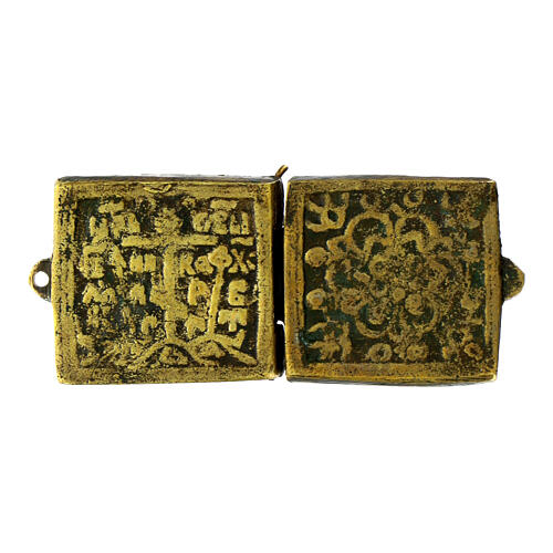 Ancient foldable travel icon, Virgin Hodegetria and St Nicholas, 19th century, 2.8x1.2 in 3