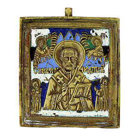 Icona antica da viaggio San Nicola bronzo XIX secolo 5x3,5 cm