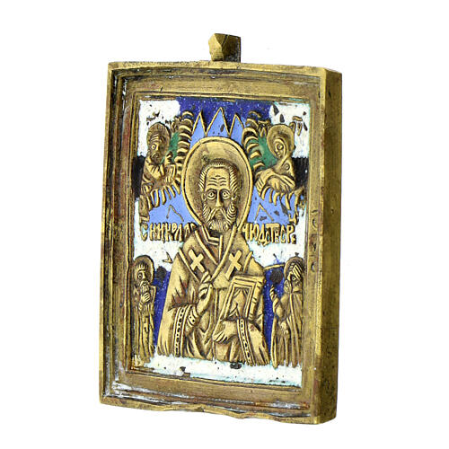 Icona antica da viaggio San Nicola bronzo XIX secolo 5x3,5 cm 2