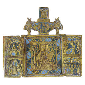 Icona antica da viaggio pieghevole Santa Parasceva bronzo XIX sec 9x10 cm