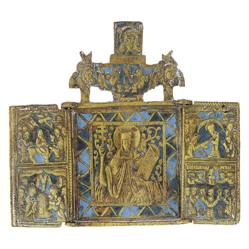 Ícone antigo de viagem dobrável Santa Parasqueva bronze séc. XIX 9x10 cm 1