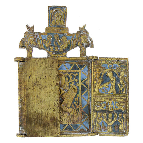 Ícone antigo de viagem dobrável Santa Parasqueva bronze séc. XIX 9x10 cm 2