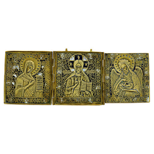 Icona da viaggio antica russa bronzo Deesis XIX sec 36x15 cm 1