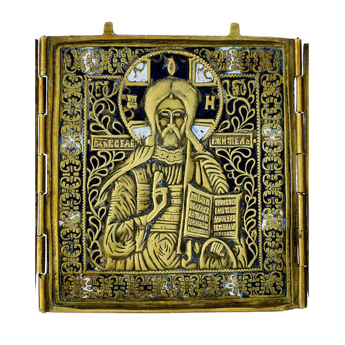 Icona da viaggio antica russa bronzo Deesis XIX sec 36x15 cm 3
