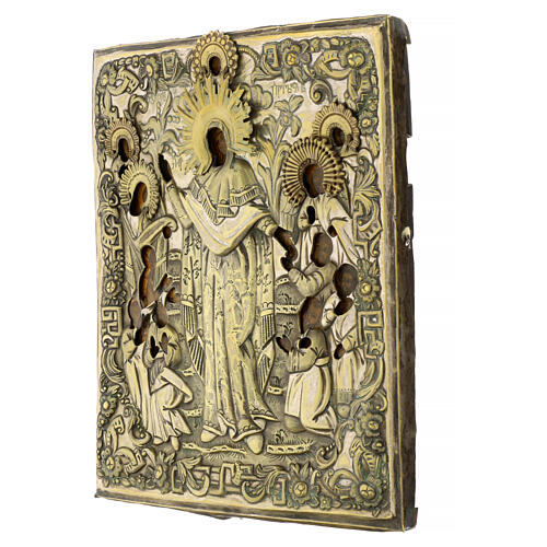 Icona antica russa Gioia di tutti gli afflitti riza metallo XIX sec 29x25 cm 3