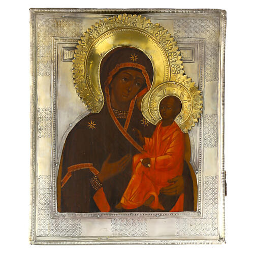 Ancient Russian icon with riza, Theotokos of Tikhvin, 19th century, 12x10 in 1