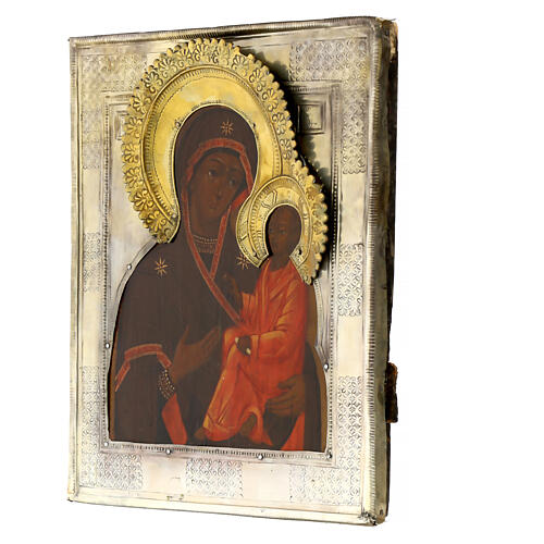 Ancient Russian icon with riza, Theotokos of Tikhvin, 19th century, 12x10 in 3