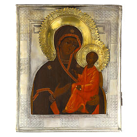 Ícone russo antigo Nossa Senhora de Tikhvin com riza séc. XIX 30x25 cm