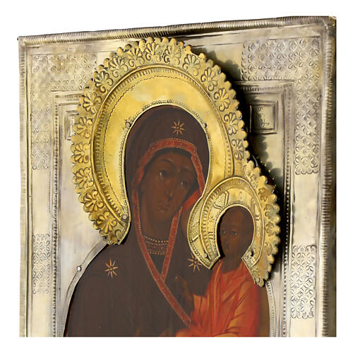Ícone russo antigo Nossa Senhora de Tikhvin com riza séc. XIX 30x25 cm 4
