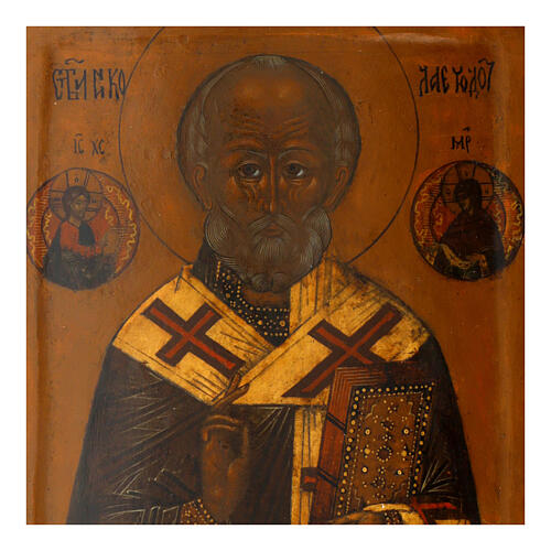 Icona Russia antica San Nicola Taumaturga XVIII sec restaurata 30x25 cm 2