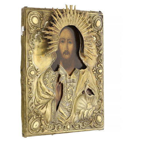 Ancient Russian icon with golden riza, Cosmocrator, 19th century, 12x10 in 5