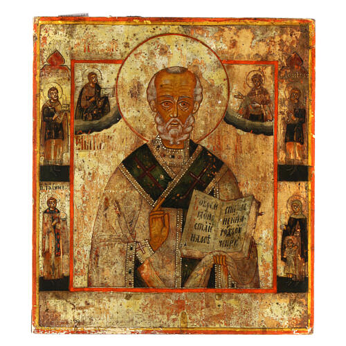 Icona antica russa San Nicola Taumaturga XIX sec 26x23 cm 1
