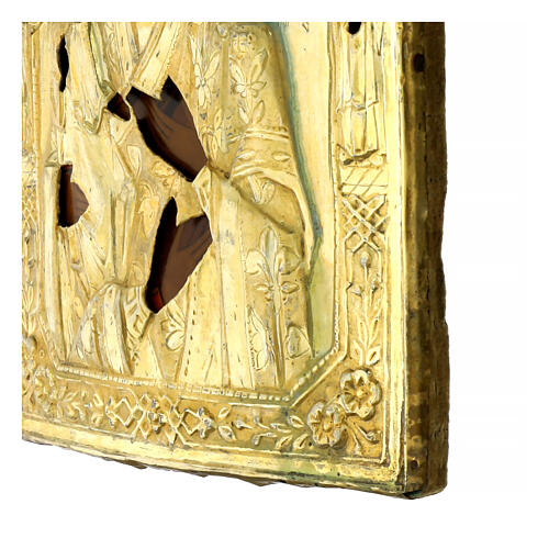 Icono ruso envejecido Virgen de las tres manos riza dorada siglo XIX 31x24 cm 6