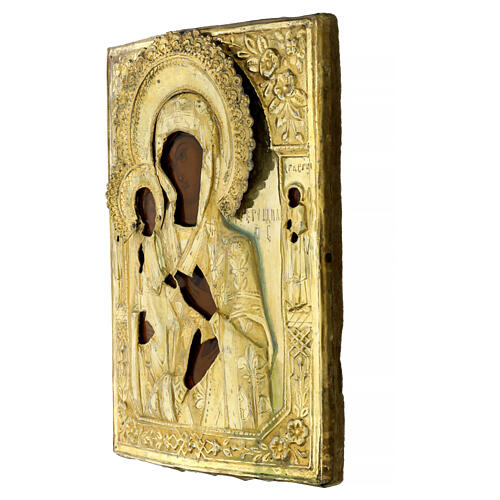 Ícone russo antigo Mãe de Deus das Três Mãos riza dourada séc. XIX 31x24 cm 3
