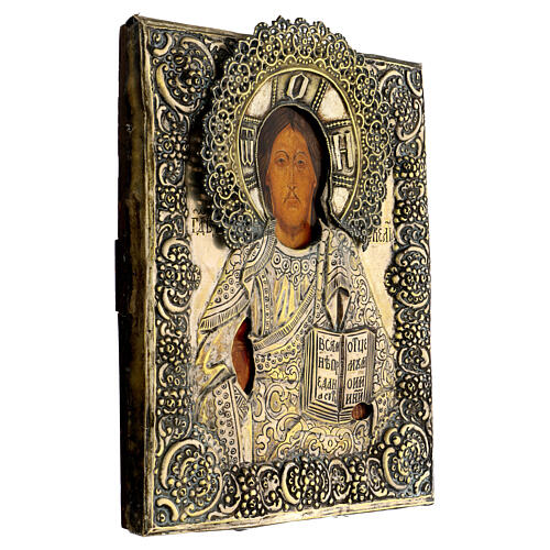 Antike russische Ikone, Christus Pantokrator mit Metallriza, neunzehntes Jahrhundert, 32 x 26 cm 5