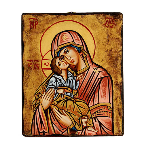 Icono Virgen de la Ternura manto rojo efecto antiguo 1