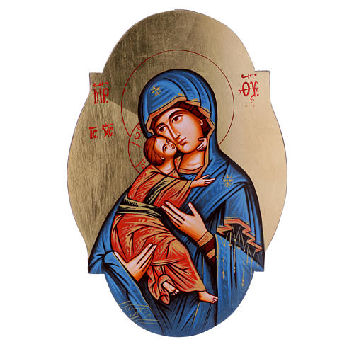 Ícono Virgen Vladimir  forma oval manto azul 1