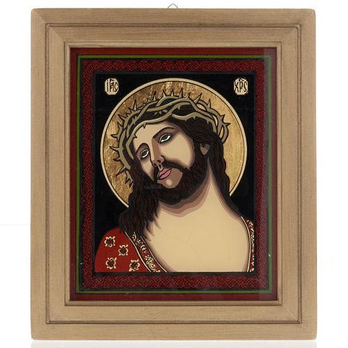 Ícono pintada sobre vidrio Jesús coronado de espin 1
