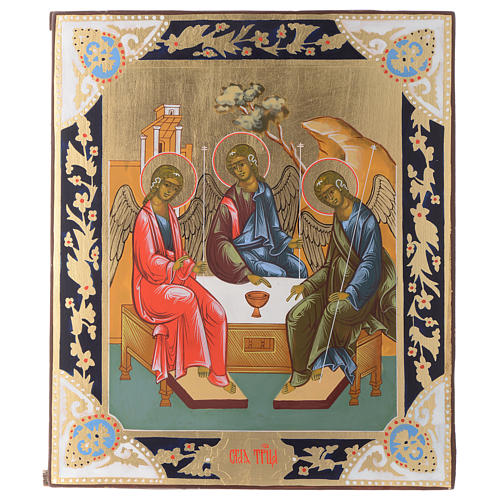 Russische Ikone, Heilige Dreifaltigkeit, gemalt auf alten Bildträger 1