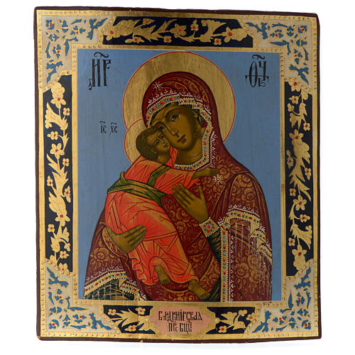 Russische Ikone, Gottesmutter von Vladimir, 30x25 cm, gemalt, Zarenzeit 1