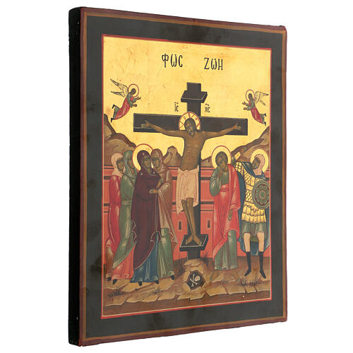 Icona Cristo in croce ridipinta tavola XIX sec antica Russia 30x25 cm 3