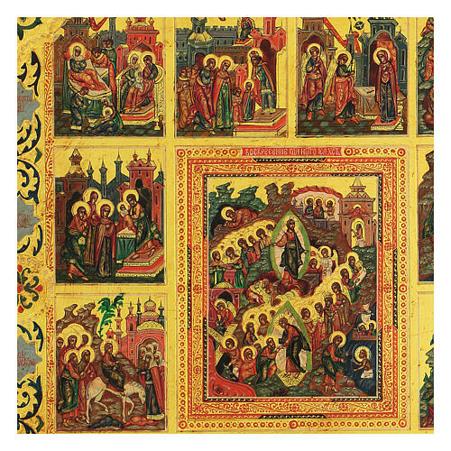 Icône Résurrection 12 fêtes feuille dorée Russie sur planche XX siècle 35x30 cm restaurée 2