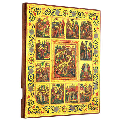 Icône Résurrection 12 fêtes feuille dorée Russie sur planche XX siècle 35x30 cm restaurée 4