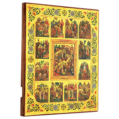 Icona Resurrezione 12 feste lamina dorata Russia su tavola XX sec 35x30 cm Restaurata 4
