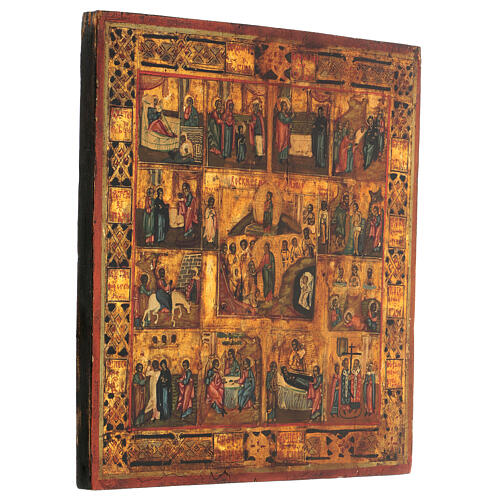 Resurrection of Christ and twelve feasts, restored antique Russian icon, 19th century, 35x30 cm 4