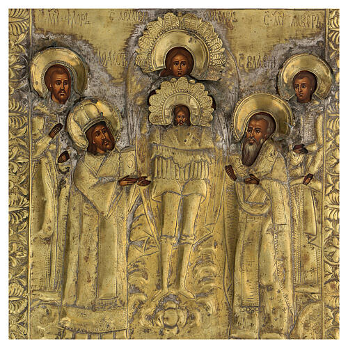 Ícone russo restaurado imagem Templo do Arcanjo Migue pintada em madeira antiga do século XIX, 42x32 cm 3