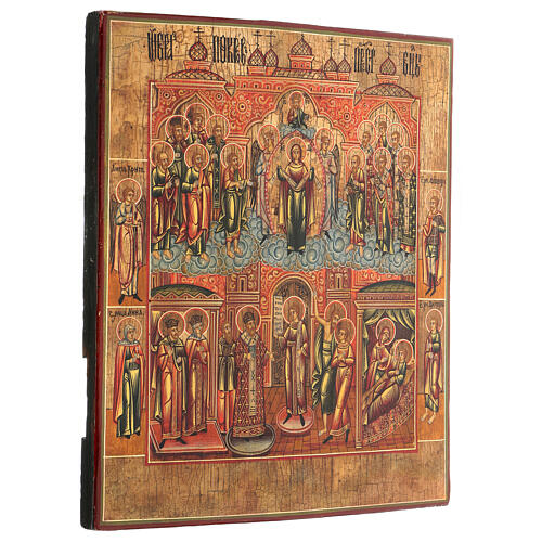 Icona russa tavola antica Madonna della Protezione XIX sec 30x25 cm Restaurata 4