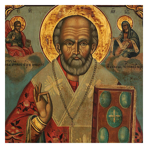 Ícone russo restaurado São Nicolau de Mira madeira antiga XIX século 32x27 cm 2