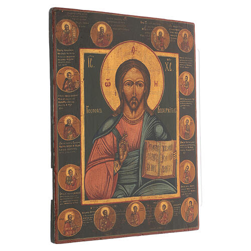 Restored antique icon, Christ Pantocrator, chosen saints, 45x35 cm, Russia 3