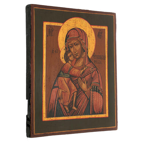 Icona Madonna di Feodor dipinta su tavola antica russa XIX secolo 30X25 cm 3