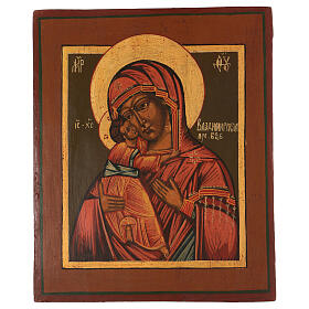 Ícone Nossa Senhora de Vladimir pintado sobre tábua antiga russa XXI século 30x25 cm