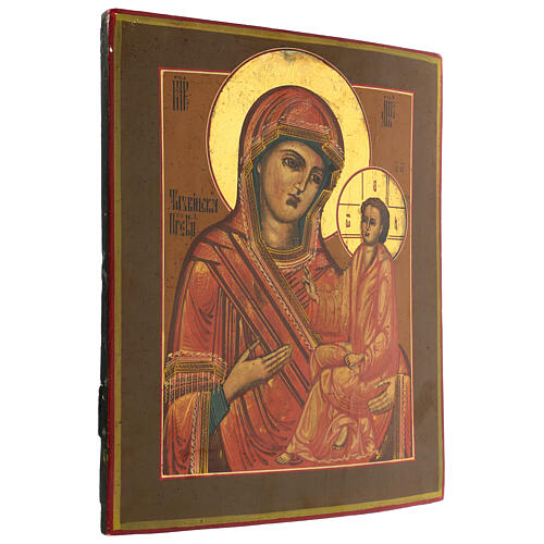 Ícone de Tikhvin da Mãe de Deus pintado sobre tábua antiga russa século XIX 40x35 cm 3